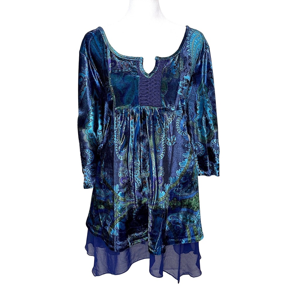 One World Velvet Paisley Tunic Top 1X Blue Boho Mesh Hem 3/4 Sleeve 2B955